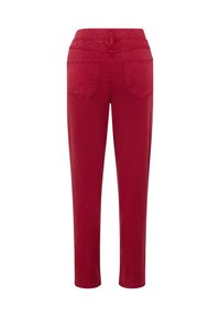 Red straight-leg pants with back pockets and a high waistband, displayed against a white background.
