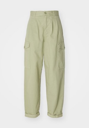 Light green cargo pants made from cotton fabric. Features a high waist, rolled cuffs, and two side cargo pockets for added utility.