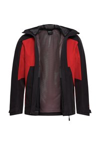 Veste noire imperméable avec des accents rouge vif, une doublure intérieure en mesh et une capuche. Fermeture éclair et poignets réglables.