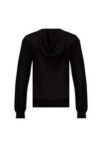 Zwarte hoodie met een zachte textuur, voorzien van een trekkoordcapuchon, lange mouwen en een geribde onderkant en manchetten. Eenvoudig en minimalistisch ontwerp.