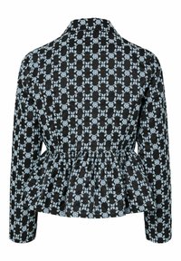 Veste noire avec un motif en dentelle florale bleu clair, manches longues, taille peplum et un col, vue de dos.