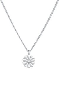 Zilveren ketting met een gedraaide schakel en een bloemenvormige hanger met een centrale parel en kroonbladachtige groeven.
