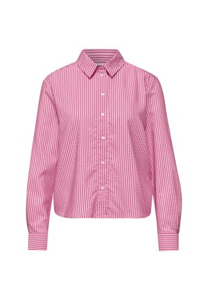 Roze-wit verticaal gestreept overhemd met knopen, lange mouwen, puntige kraag en horizontale gestreepte manchetten op een witte achtergrond.