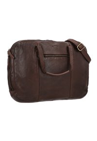 Dark brown leather messenger bag with front zipper pocket, two handles, and adjustable shoulder strap with metal buckle.