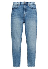 Light blue denim jeans with a high-waist design, straight legs, subtle fading, and five-pocket styling. Includes a button and zipper closure.