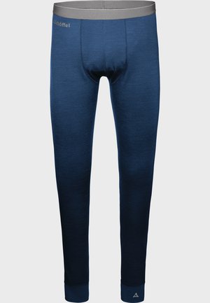 Dunkelblaue Thermoleggings mit einem grauen elastischen Bund, glatter Textur und eng anliegender Passform, entworfen für Wärme und Komfort.