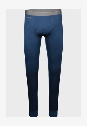 Dunkelblaue Thermoleggings mit einem grauen elastischen Bund, glatter Textur und eng anliegender Passform, entworfen für Wärme und Komfort.