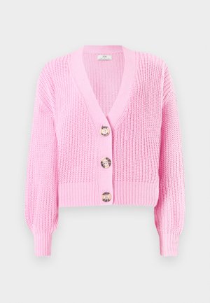 Pink knitted cardigan with a V-neck, long sleeves, and large round buttons. Features a textured weave and cropped hemline.