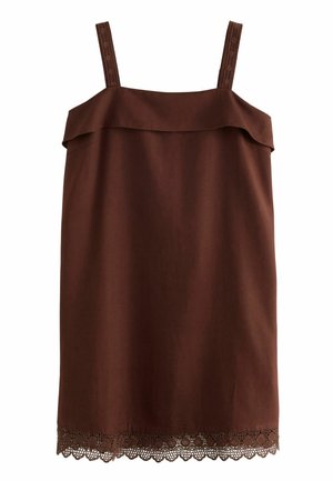 Robe marron sans manches avec des bretelles et un ourlet ornés de dentelle, avec un décolleté droit et un détail de tissu superposé sur la poitrine.