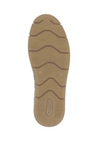 Semelle de chaussure en caoutchouc marron présentant un motif de rainures en zigzag, avec le nom de la marque en relief et une texture lisse, conçue pour l'adhérence et la durabilité.