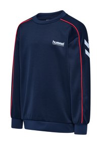 Marineblå langærmet sportssweatshirt med røde piping på ærmerne, hvidt mærkelogo på brystet og hvidt chevron-design på venstre arm.