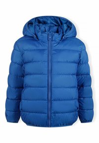 Blå vadderad jacka med huva, med dragkedja fram och quiltad design. Materialet ser glänsande ut med isolerade sektioner för värme.