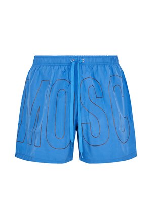Blauwe zwemshorts met elastische tailleband en aantrekkoord, met grote omlijnde letters "MOSC" aan de voorkant.