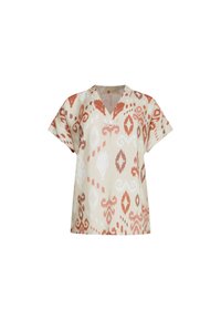 Short-sleeve top in lightweight fabric with a cream base, featuring a red and beige abstract pattern and a V-neckline.