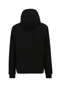 Felpa nera con cappuccio, dal taglio comodo, con polsini e orlo a costine, caratterizzata da una texture liscia e un design minimalista.