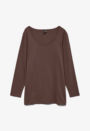 Rjava majica z dolgimi rokavi in širokim izrezom v obliki čolna, izdelana iz mehkega blaga, položena ravno na belem ozadju.
