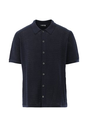 Marineblaue Strickhemd mit kurzen Ärmeln, Knopfleiste, strukturiertem Muster und klassischem Kragen, dargestellt vor weißem Hintergrund.