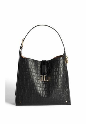 Black leather handbag with embossed pattern, single strap, gold-tone "LL" clasp, and small padlock detail on the side.