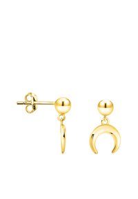 Orecchini color oro con un perno rotondo e un design a mezzaluna pendente. La superficie è liscia e lucida.