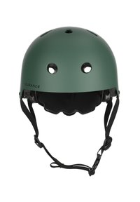 Grön matt hjälm med justerbara svarta remmar, ventilationshål och vadderat inre. Har varumärket "ENDURANCE" på sidan.