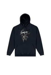 Svart hoodie med en framficka, prydd med en grå grafik av ett skelett som håller en skära och bär en mask med vingar.