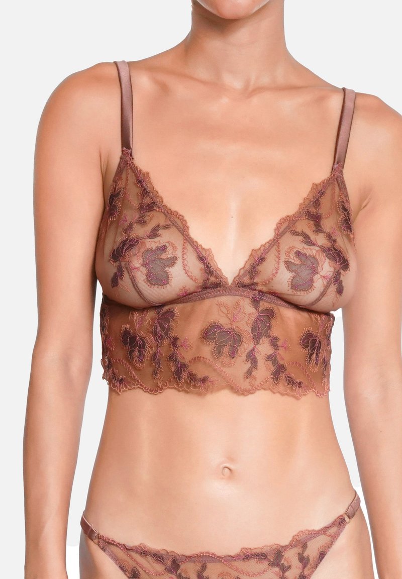Bralette marron transparent avec broderie florale dans des tons de bordeaux et de rose, doté de bretelles réglables et d'un design triangulaire.