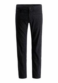 Donkergrijze broek met een subtiel ruitpatroon, gemaakt van een gestructureerde stof. Voorzien van een knoopsluiting en een traditioneel zakontwerp.