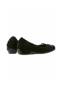Ballerines en daim noir avec un bout arrondi, un petit nœud sur le devant et une semelle en caoutchouc texturée pour l'adhérence.