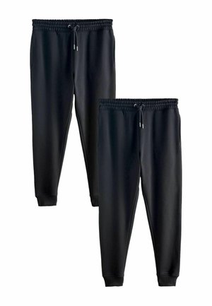 Schwarze Joggerhose aus glattem Stoff, mit elastischem Bund, verstellbarem Kordelzug und zulaufenden Bündchen. Zwei seitliche Taschen inklusive.