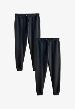 Pantaloni de trening negri dintr-un material neted, cu talie elastică, șnur reglabil și mansete conice. Include două buzunare laterale.