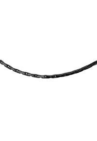 Catena in metallo nero con anelli ovali dalla superficie testurizzata. Gli anelli sono ravvicinati, creando un aspetto elegante e resistente.