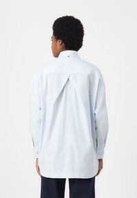 Camicia a righe blu chiaro con vestibilità ampia, maniche lunghe e dettaglio a pieghe sul retro. Il tessuto appare liscio con colletto classico e polsini con bottone.