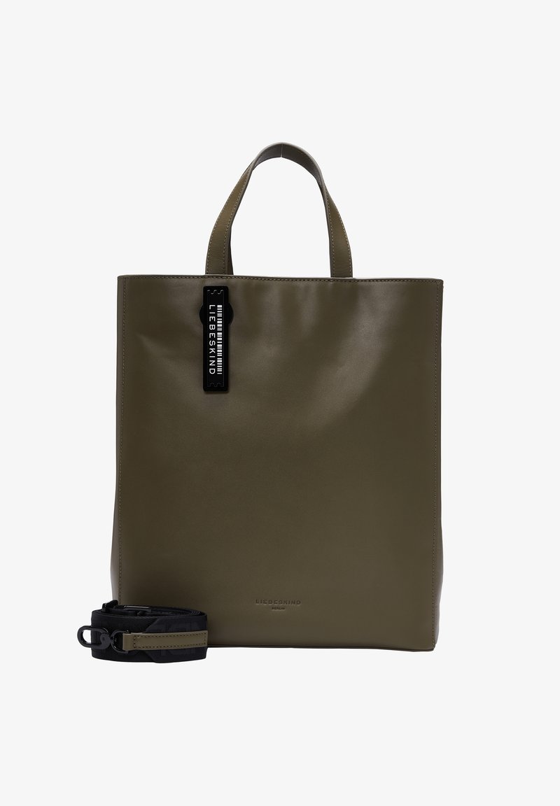 Olive green tote bag made of smooth, durable material with short handles, and a detachable black strap. Features a branded tag.