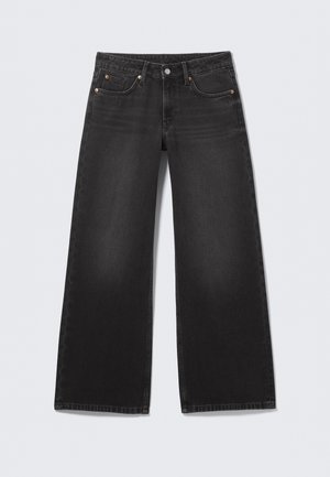 Black wash wide-leg denim jeans with five pockets and a button closure, laid flat against a light background.