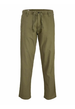 Pantalons vert olive en tissu léger, dotés d'une taille élastique avec cordon de serrage et d'une coupe droite.