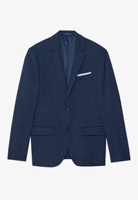 Marineblauwe colbert, textiel met structuur, twee knopen, notch revers, twee zakken, met een witte pochet.