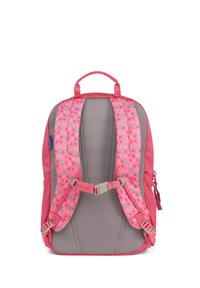 Roze rugzak met gemusterde banden met harten. Grijze mesh achterkant, verstelbare harnas en een klein handvat bovenop. Inclusief ritscompartimenten.