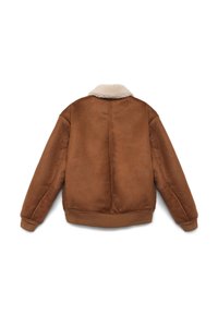 Giacca marrone in similpelle con colletto morbido in shearling bianco, polsini e orlo a costine, e texture liscia; progettata per una vestibilità comoda.