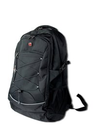 Zwarte rugzak van textuurstof, voorzien van een geometrisch ontwerp, verstelbare schouderbanden, een voorvak met rits en zijvakken van gaas.