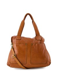 Sac à main en cuir tan avec des poignées supérieures doubles, une bandoulière amovible et deux poches frontales. Présente une texture lisse et des accessoires en métal doré.