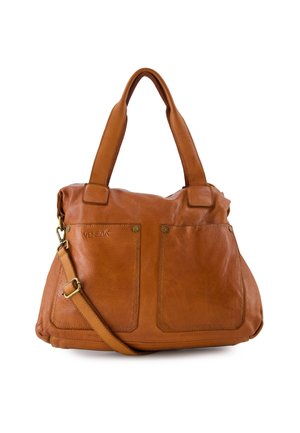 Tan leather handbag with dual top handles, a detachable shoulder strap, and two front pockets. Features smooth texture and gold-tone hardware.