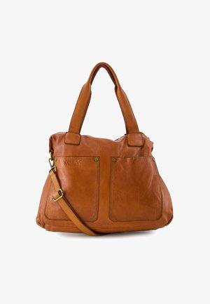 Tasche aus braunem Leder mit zwei oberen Griffen, einem abnehmbaren Schultergurt und zwei Vordertaschen. Verfügt über eine glatte Textur und goldfarbene Hardware.