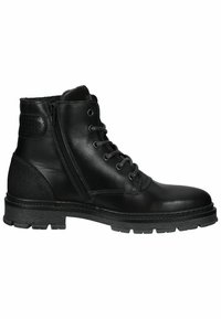 Stivaletto in pelle nera con tacco testurizzato, parte anteriore con lacci, zip laterale e suola resistente; finitura liscia con dettagli perforati.