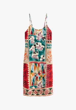 Vestido midi sin mangas con tirantes finos, con patrones geométricos y florales coloridos en tonos rojo, azul verdoso, naranja, púrpura y beige.