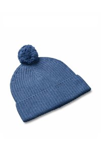 Berretto di lana blu lavorato a maglia con una texture a coste, dotato di un pon-pon arrotondato in cima e un risvolto nella parte inferiore.