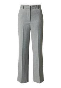 Graue maßgeschneiderte Hosen mit hoher Taille, flachem Vorderteil und weitem Bein. Hergestellt aus leichtem Stoff mit subtiler Textur, ohne sichtbare Muster oder Verzierungen.