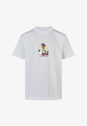 White cotton t-shirt featuring a colorful graphic print on the chest with the text "CLEPTOMANICX" in a playful, bold font.