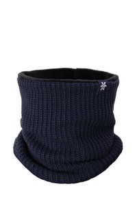 Navy blue knitted neck gaiter with ribbed texture and soft black lining. Features a small logo tag on the side. Circular shape for coverage.
