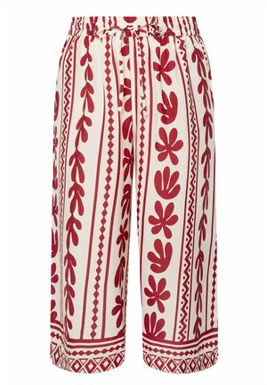 Beige bukser med brede ben, prydet med røde blomster- og geometriske lodrette striber samt elastisk talje med snøre.