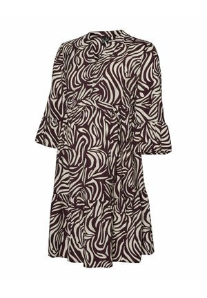 Paars en wit zebra-print jurk tot de knie met 3/4 flared mouwen, een V-hals, en een bijpassende taille riem.